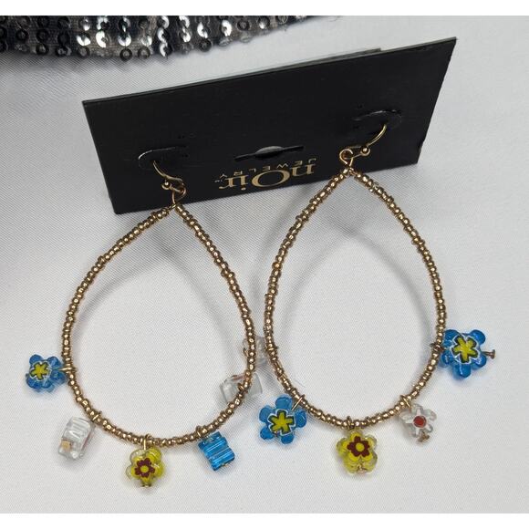 nOir Gold Bead and Flower Petal Hoop Earrings - Picture 6 of 6